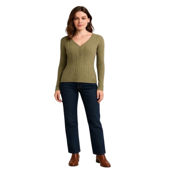 The Limited Cable knit Wool Blend Henley Sweater Olive Green Size M Coastal Cute - Picture 1 of 14